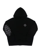 Felpa nera ricamata Keiso vista frontale, hoodie boxy fit edizione limitata